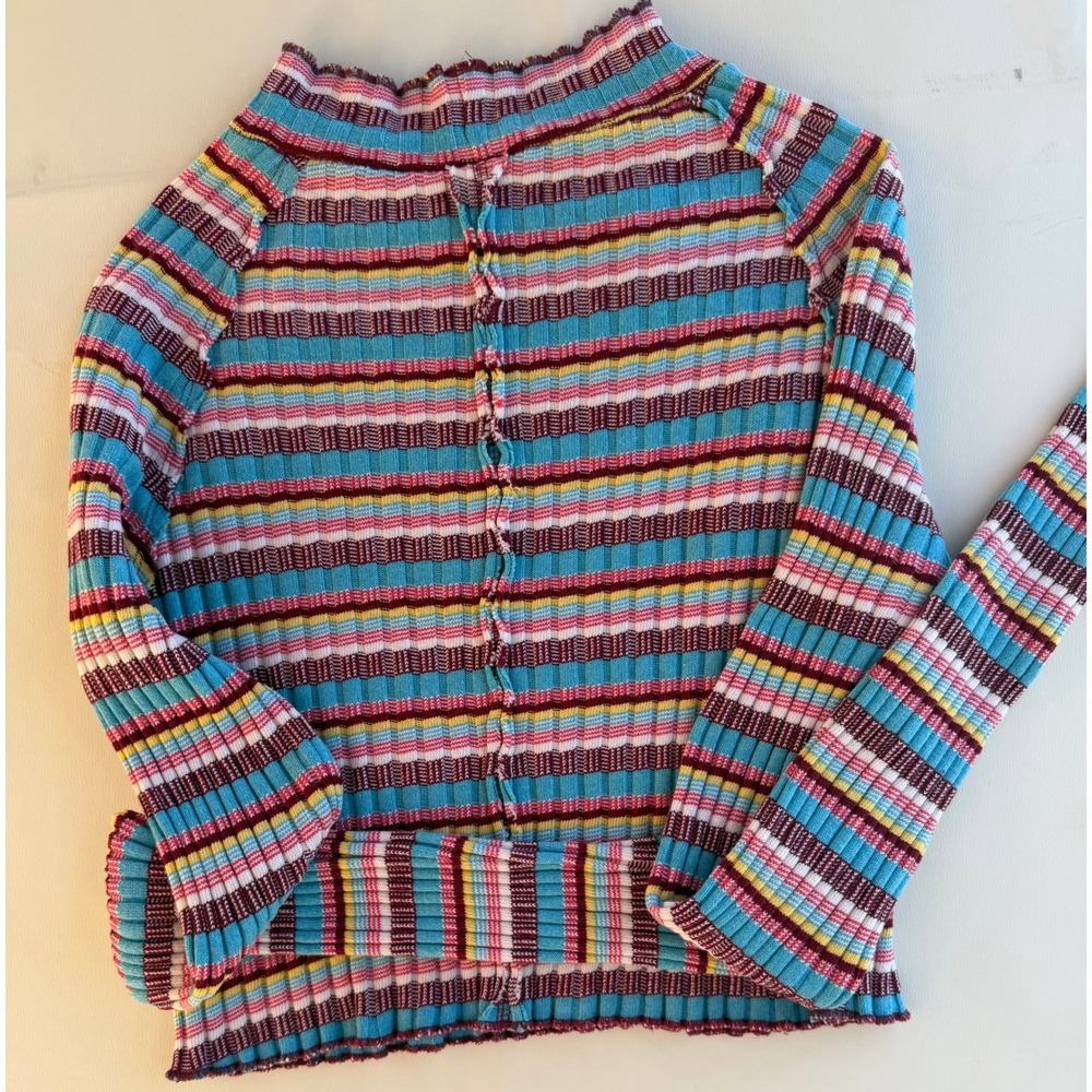 Free People Striped Ribbed Mock Neck Top Long Sleeve Lettuce Edge Multi Color